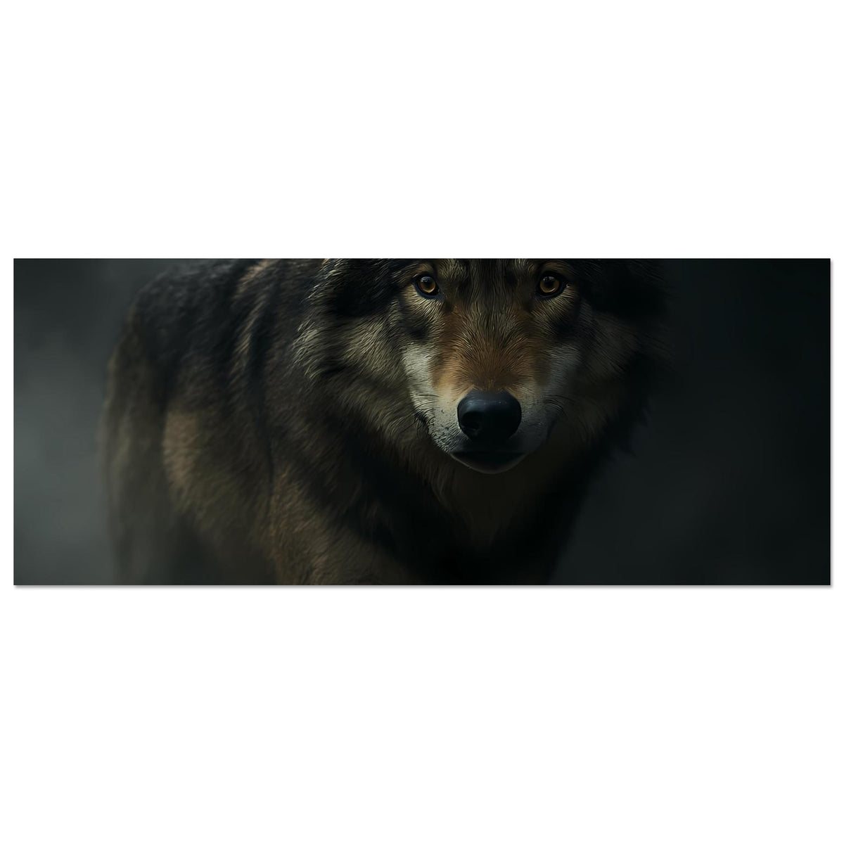 Wolfsposter im Querformat: Wolfskopf und Oberkörper mit gelben Augen, dunklem Hintergrund