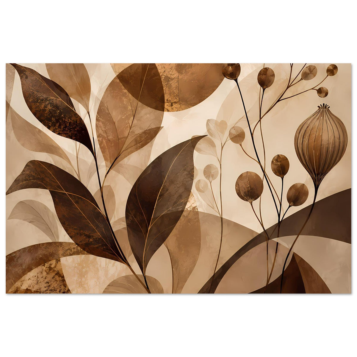 Blumenposter mit geteilten Blatt- und Blütenformen in Braun-Beige, horizontal, rechteckig