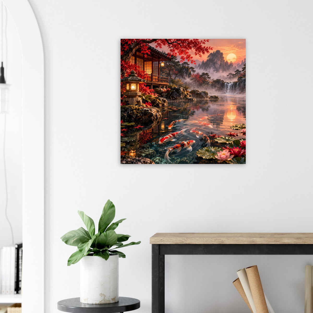 Quadratisches Poster mit Koi im Teich, Herbstbäumen, Laterne am Steg und Wasserfall