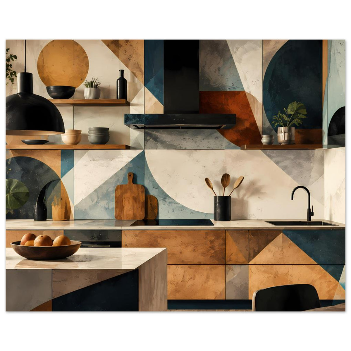 Küchenkunst-Poster mit Spüle, Wasserhahn und bunten Geometrieflächen in warmen Farben