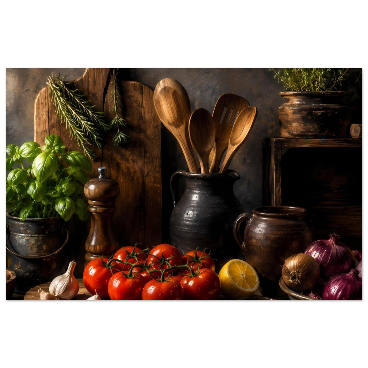 Küchenposter im Querformat: Tomaten, Kräuter und Keramikgefäße mit Holzbesteck