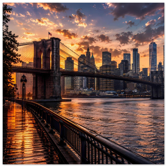Wandposter Querformat: Brooklyn Bridge und NYC-Skyline im goldenen Sonnenuntergang