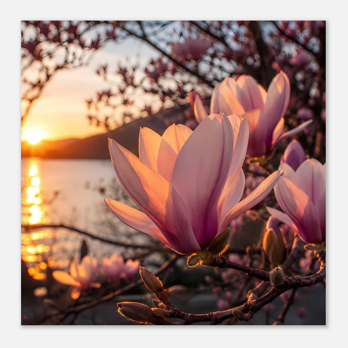 Blumenposter mit Magnolienblüten auf dunklem Ast, warmes Abendlicht