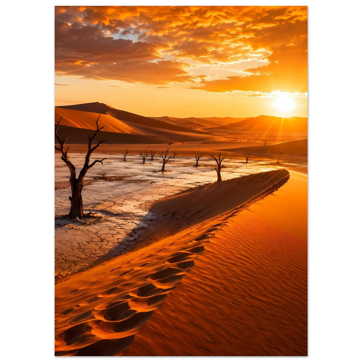 Poster Hochformat: Wüstenpanorama mit orange Dünen, trockenen Bäumen und Sonne über dem Horizont.