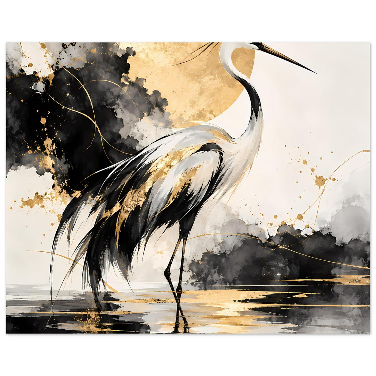 Vogelposter mit Kranich in Schwarz, Weiß und Gold; Seitenansicht mit Wasserlinie