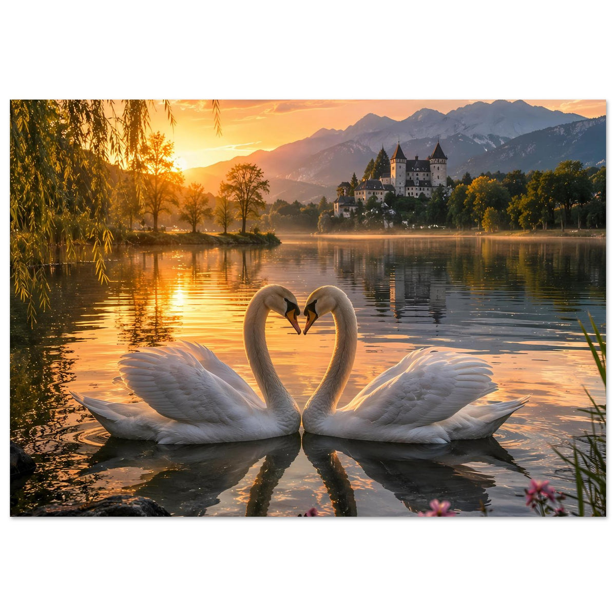 Wandposter mit zwei Schwänen als Herzform am See, Schloss im Hintergrund bei Abendsonne