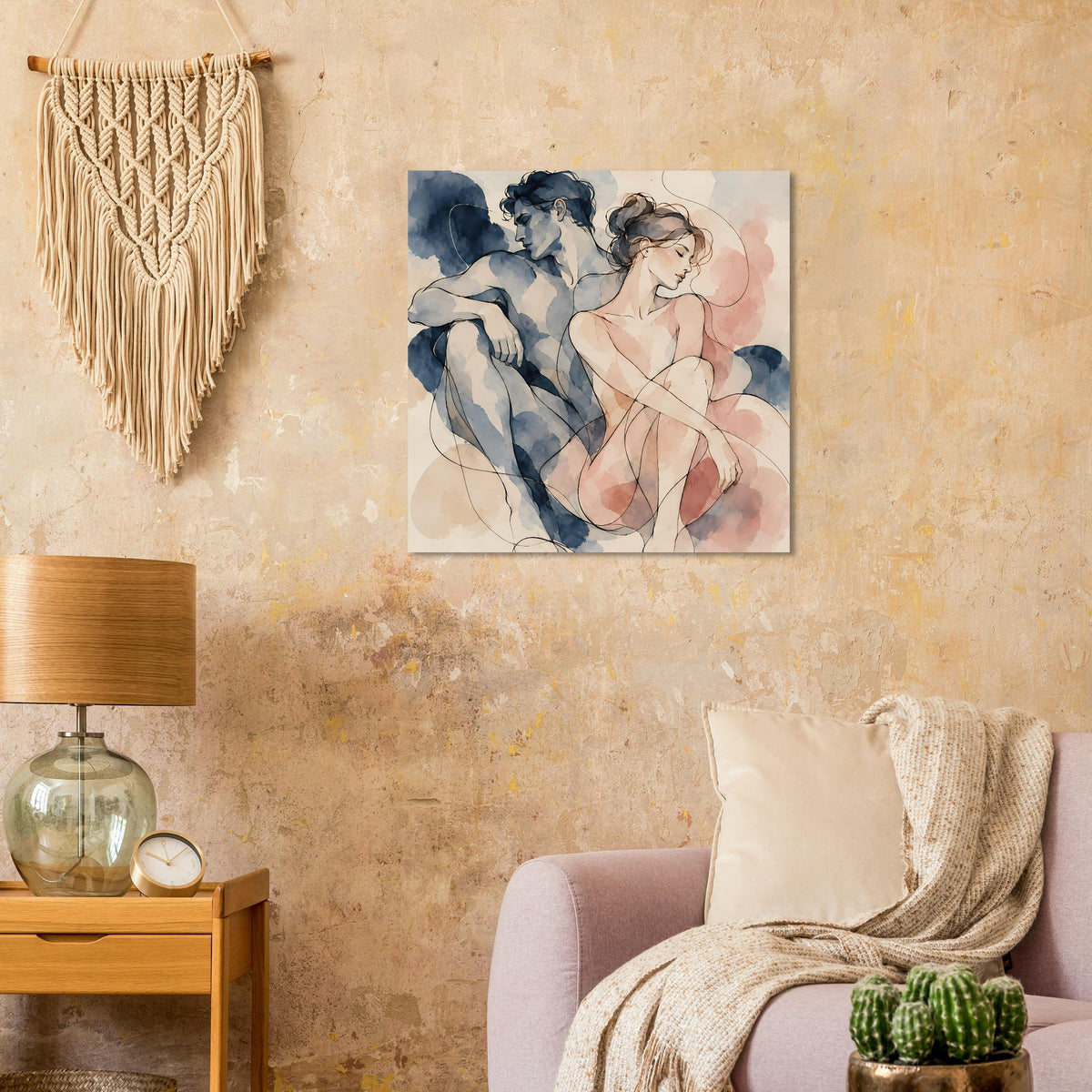 Wasserfarben-Poster mit tanzendem Paar in Blau und Rosa, an der Wand