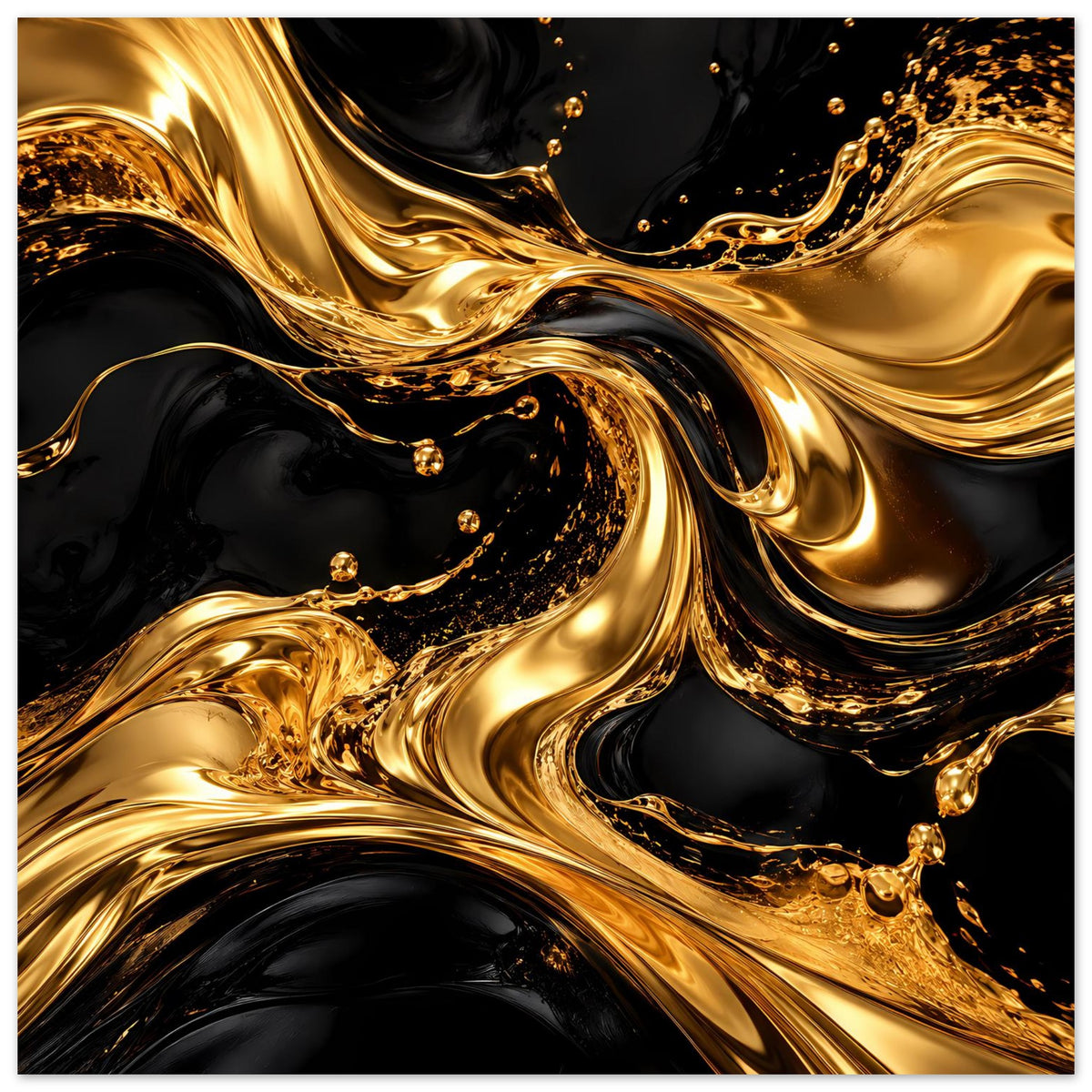 Quadratisches abstraktes Poster mit goldenen Wellen und Tropfen auf tiefschwarzem Hintergrund