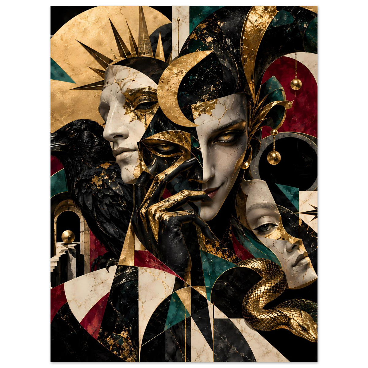 Kunstposter mit zwei Gesichtern, goldener Verzierung, Schlange und schwarzer Vogel-Figur