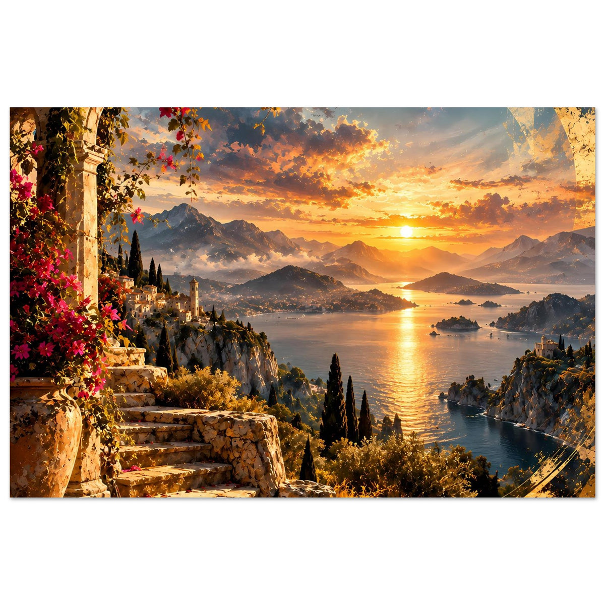 Küstenposter Querformat: goldener Sonnenuntergang über Meer, Berge und Küstenlinie