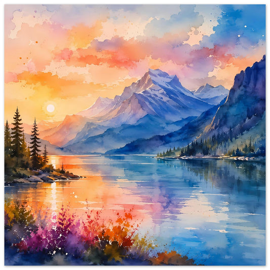 Poster mit Alpengebirge, See und Sonnenuntergang, spiegelndes Wasser, Tannen am Ufer