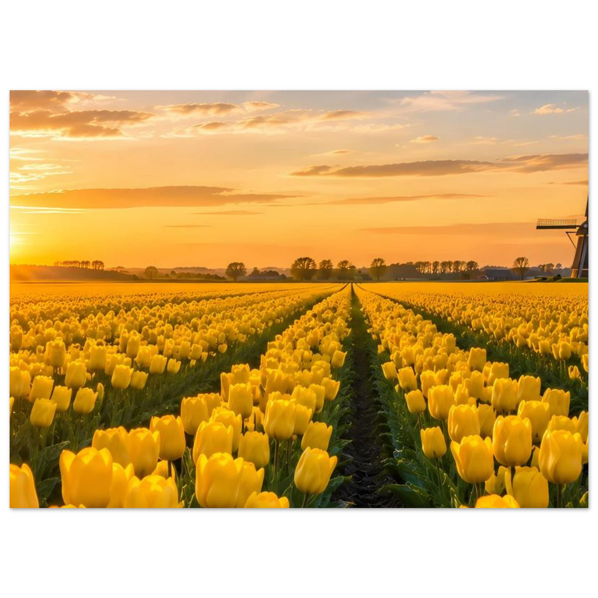 Landschafts-Poster mit gelben Tulpenreihen, Mittelweg und Windmühlenrand rechts