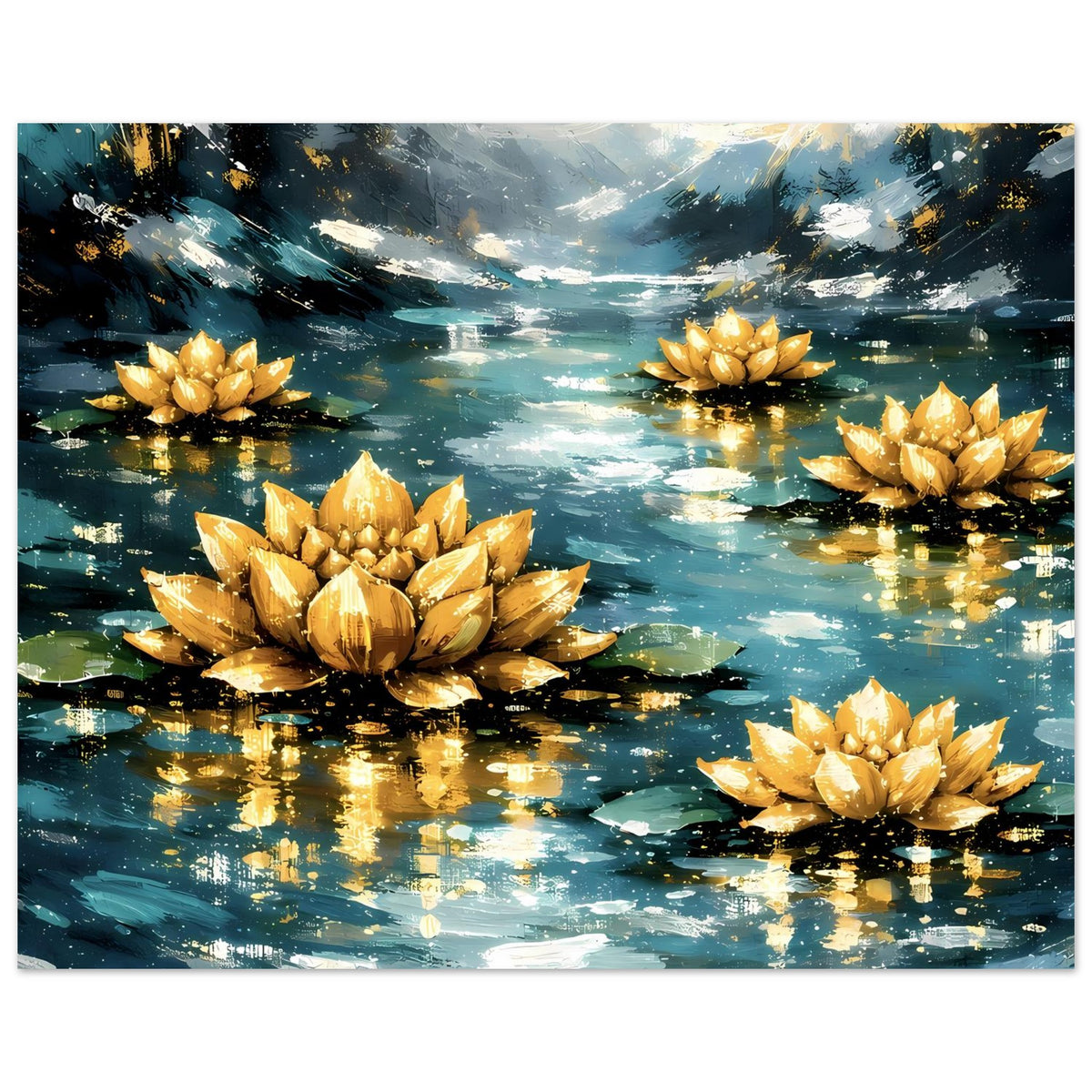 Querformat-Poster mit goldenen Lotosblüten, Wasserflächen und hellen Reflexen