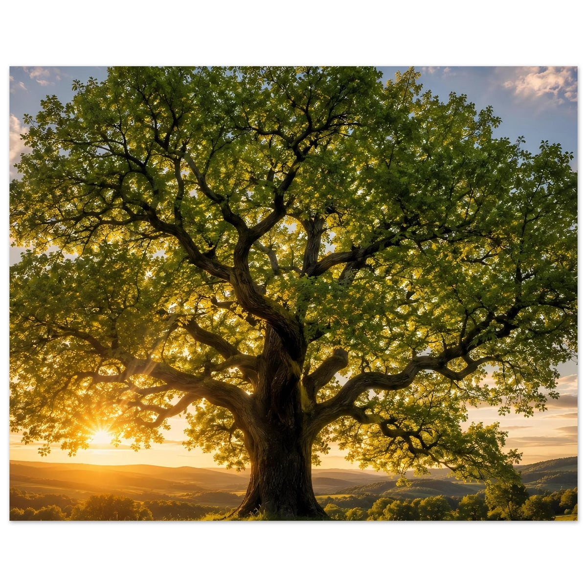 Baum-Poster: massiver Stamm mit weit verzweigten Ästen, Abendsonne im Hintergrund