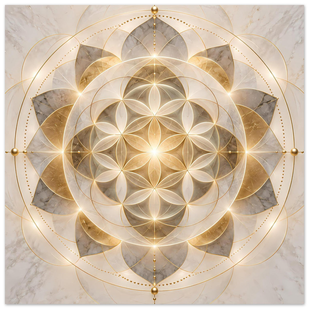 Poster mit goldenem Mandala und goldenen Seitenkugeln sowie Aufhängung oben