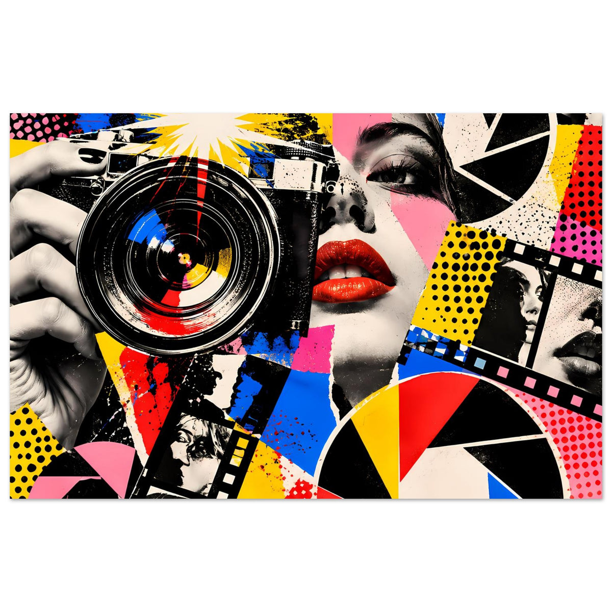 Pop-Art-Fotografie-Poster mit Kamera-Linse, Frauengesicht und knalligen Farbfeldern