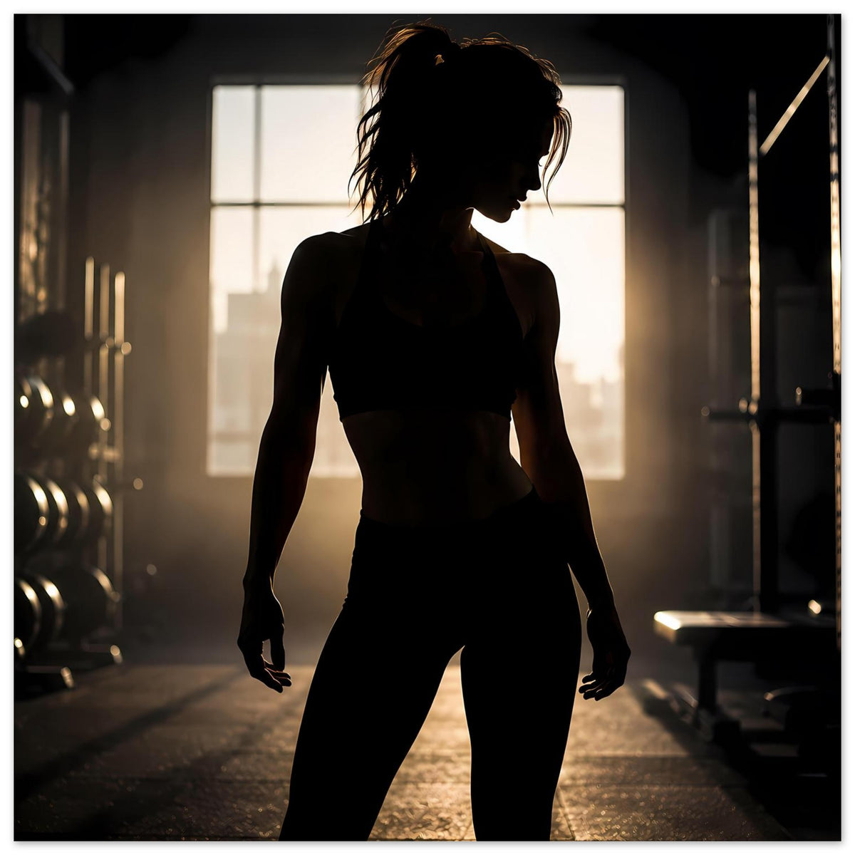 Fitness-Poster im Querformat: seitlich gedrehte Sportlerin-Silhouette, dunkles Sportoutfit.
