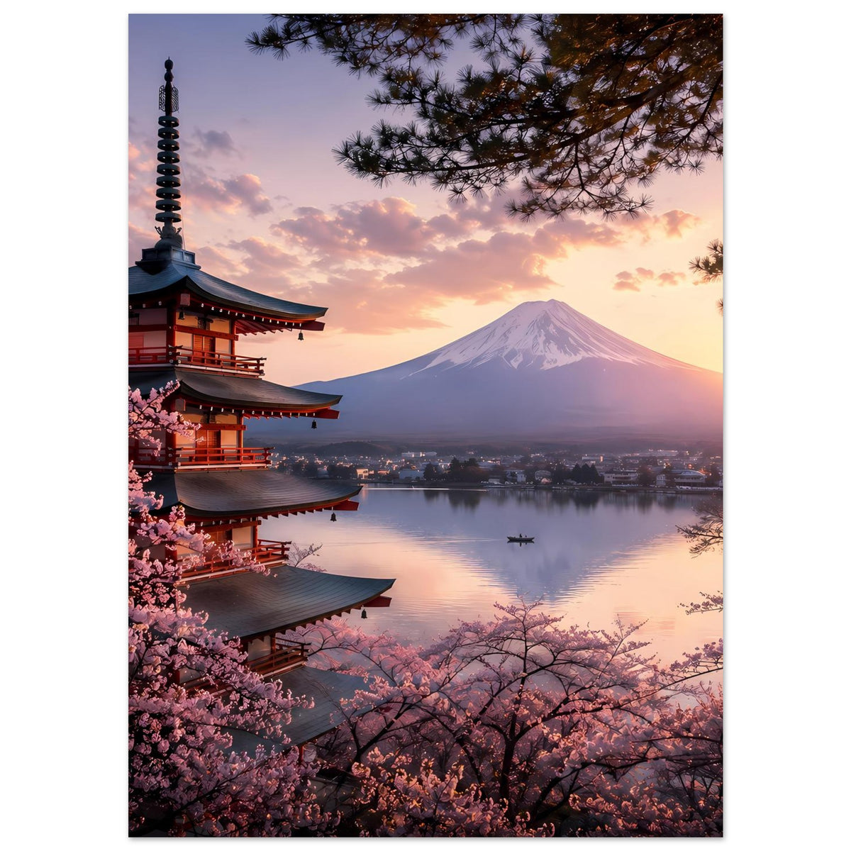 Vertikales Poster mit Pagode links, Berg Fuji, Seefläche und dichtem Kirschblüten-Teppich