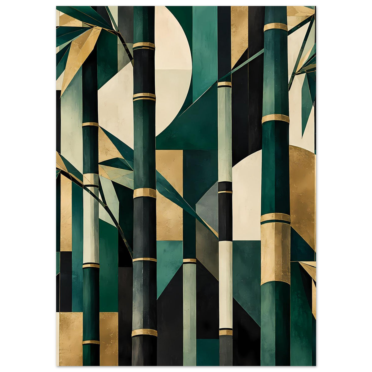 Naturposter mit Bambusmotiven aus Stäben und Blättern in Smaragdgrün und Gold