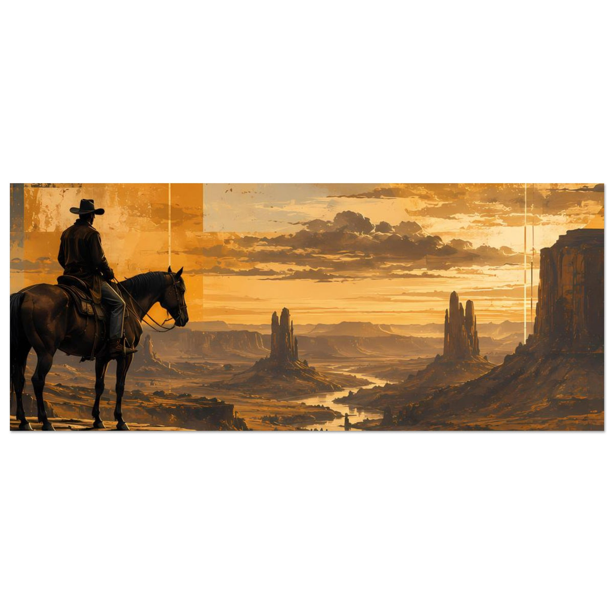 Panoramaposter mit Cowboy auf Pferd, Wüstenlandschaft und leuchtender Abendsonne über Wolken