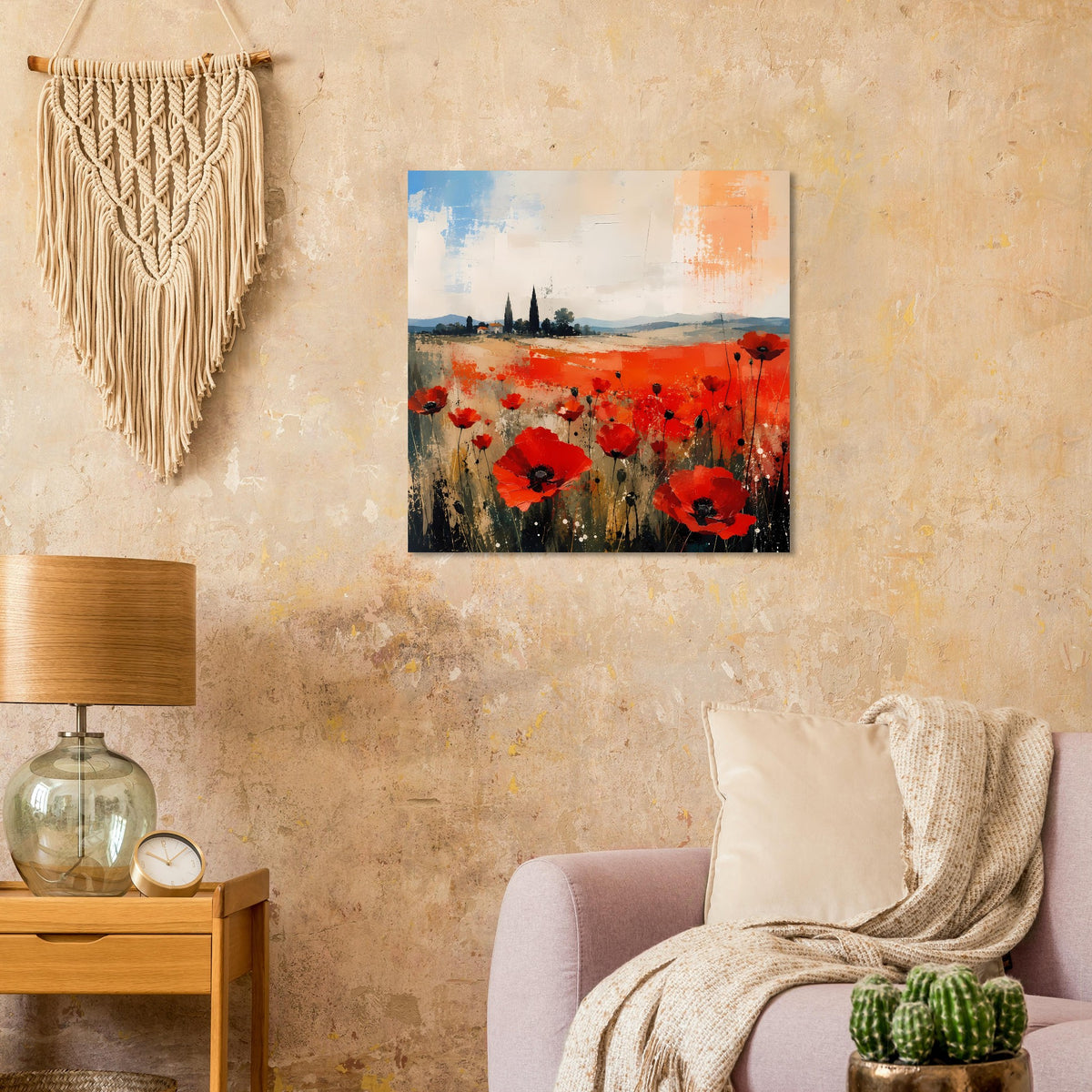 Gerahmtes Poster mit roten Mohnblumen und abstrakter Landschaft, Himmel in Blau und Orange