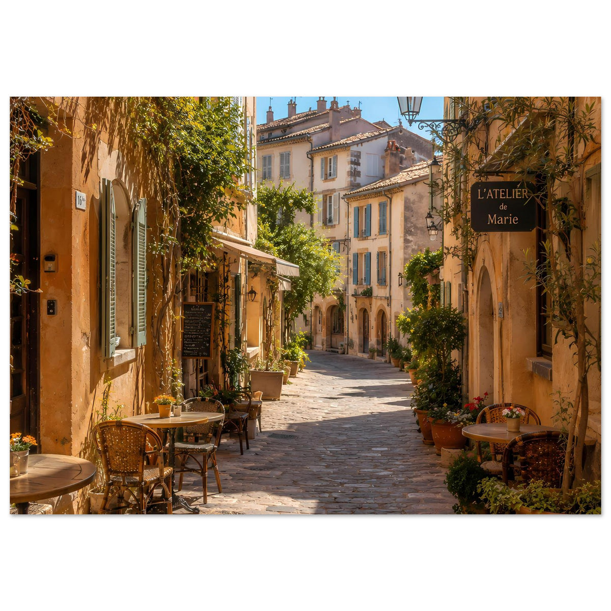 Poster, mediterrane Altstadtgasse mit Bistrostühlen, Pflanzen und hellen Fassaden