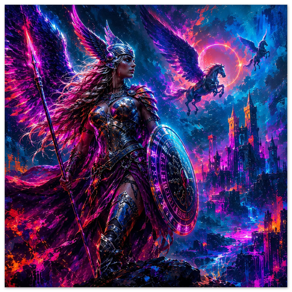 Fantasy-Poster mit Valkyrie in Rüstung, Schild und Speer, funkelnde Flügel über bunter Skyline