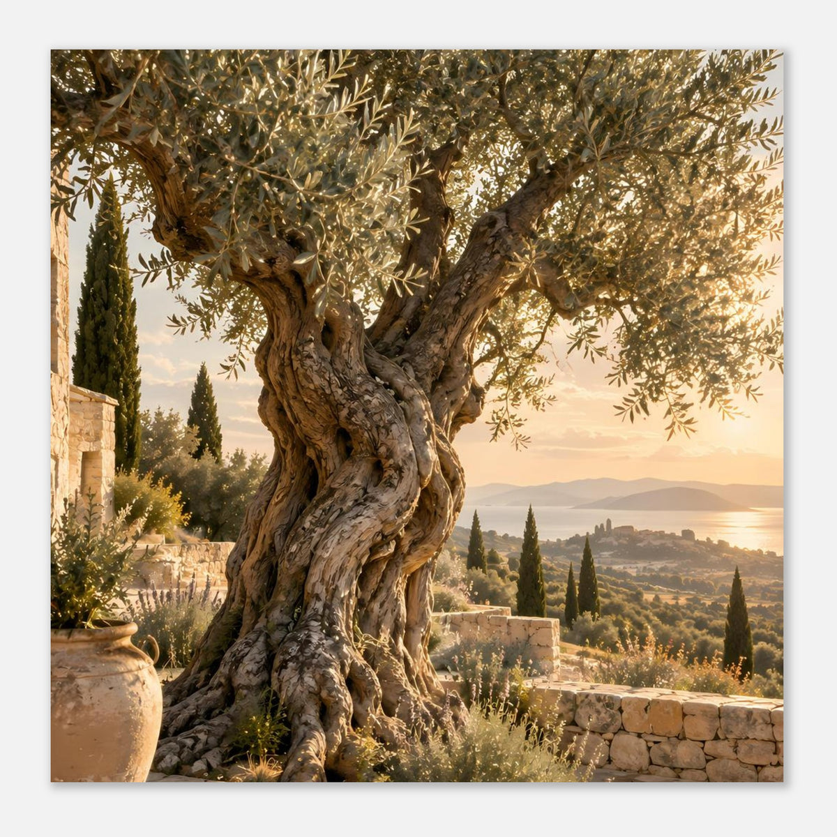 Nahaufnahme-Poster mit knorrigem Olivenbaum und mediterraner Küstenlandschaft