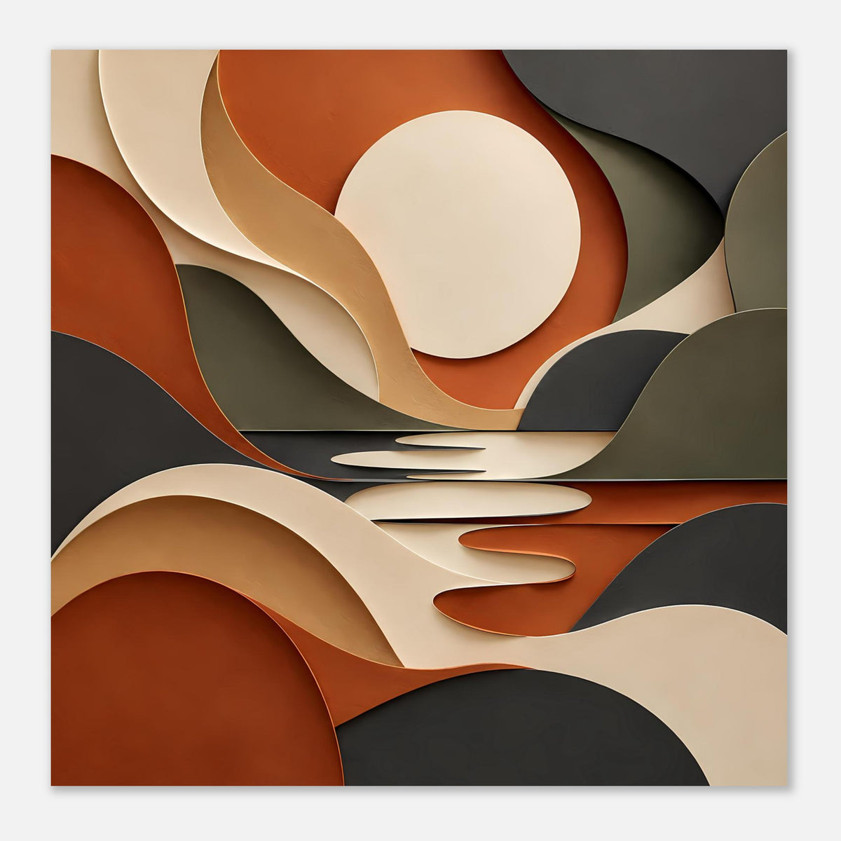 Kunstposter mit abstrakten Kurven, Kreisflächen und Bändern in Terrakotta, Beige, Dunkelgrau