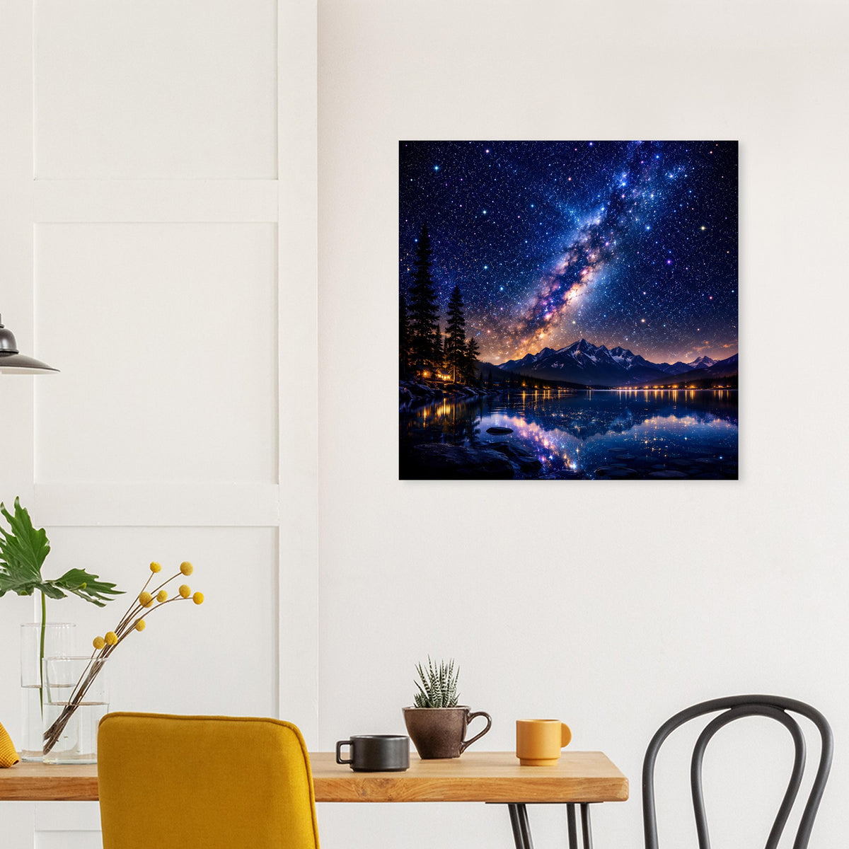 Sternenhimmel-Poster mit Milchstraße über Bergen und reflektierendem See, schwarz gerahmt