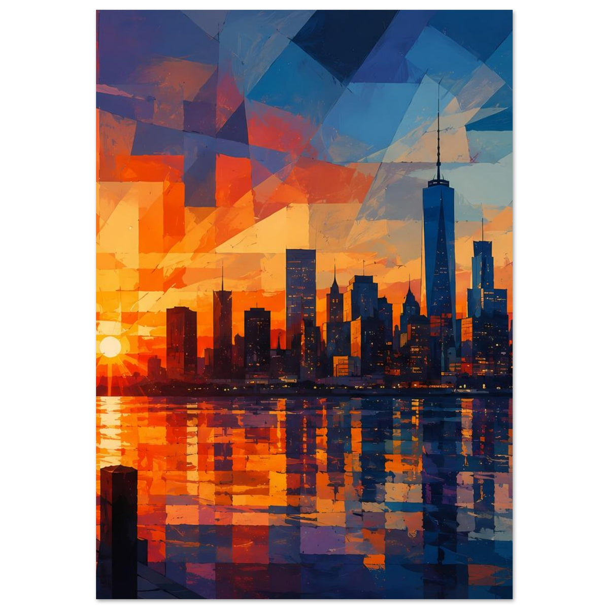Vertikales Poster mit geometrischem Stadtpanorama, orangefarbener Himmel, dunkle Hochhäuser und Spiegelbild