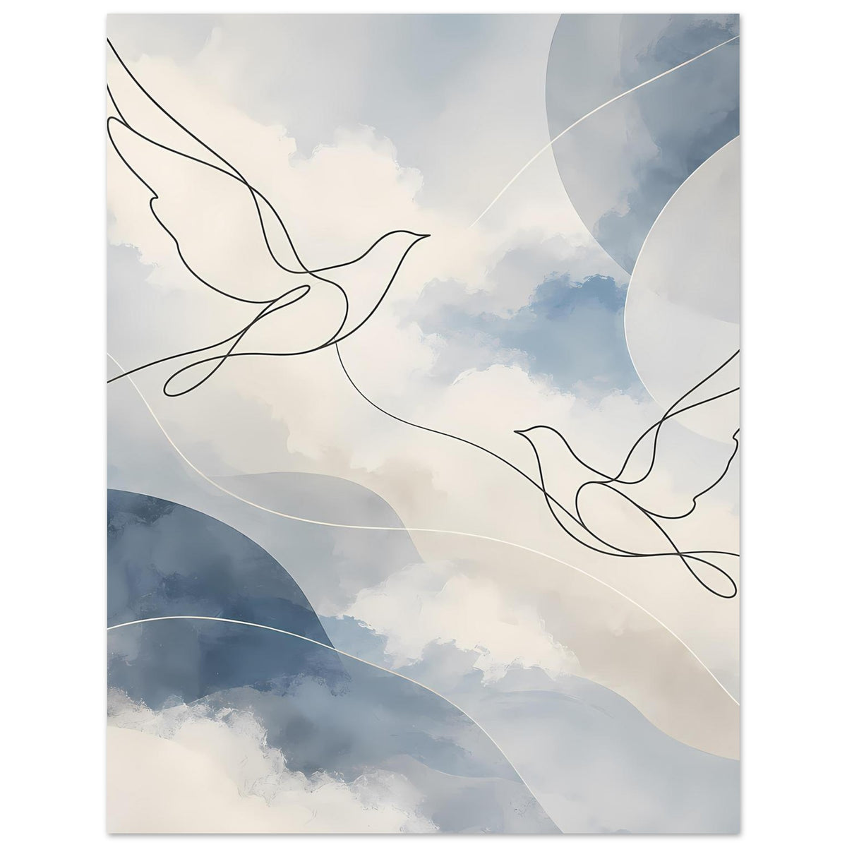 Kunstdruck mit Friedenstauben, weich gemalte Wolken und abstrakte blaue Bogenformen