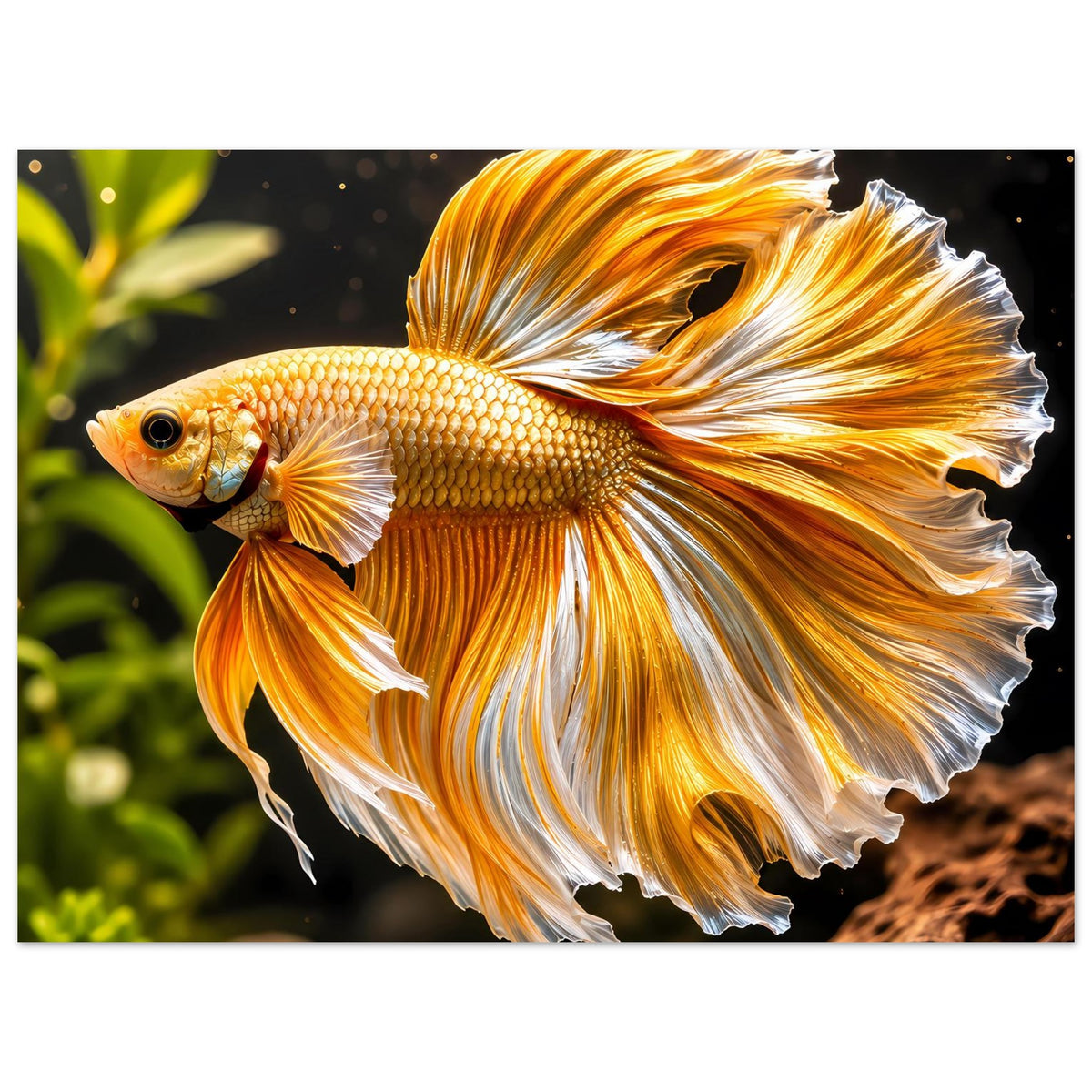 Poster mit goldenem Kampffisch, große Flossen in Orange und Weiß, seitlicher Blick