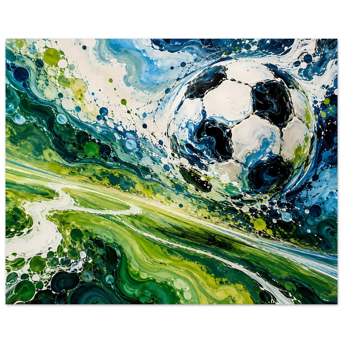 Fußball-Kunstposter im Querformat: abstrakte Fußballkugel, blau-grüne Flüssigkeitsspuren