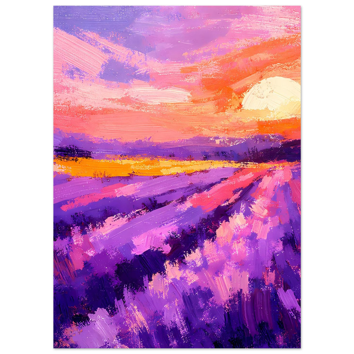 Hochformat-Poster mit Lavendelfeld-Sonnenuntergang, violetten Pinselstrichen und heller Sonne