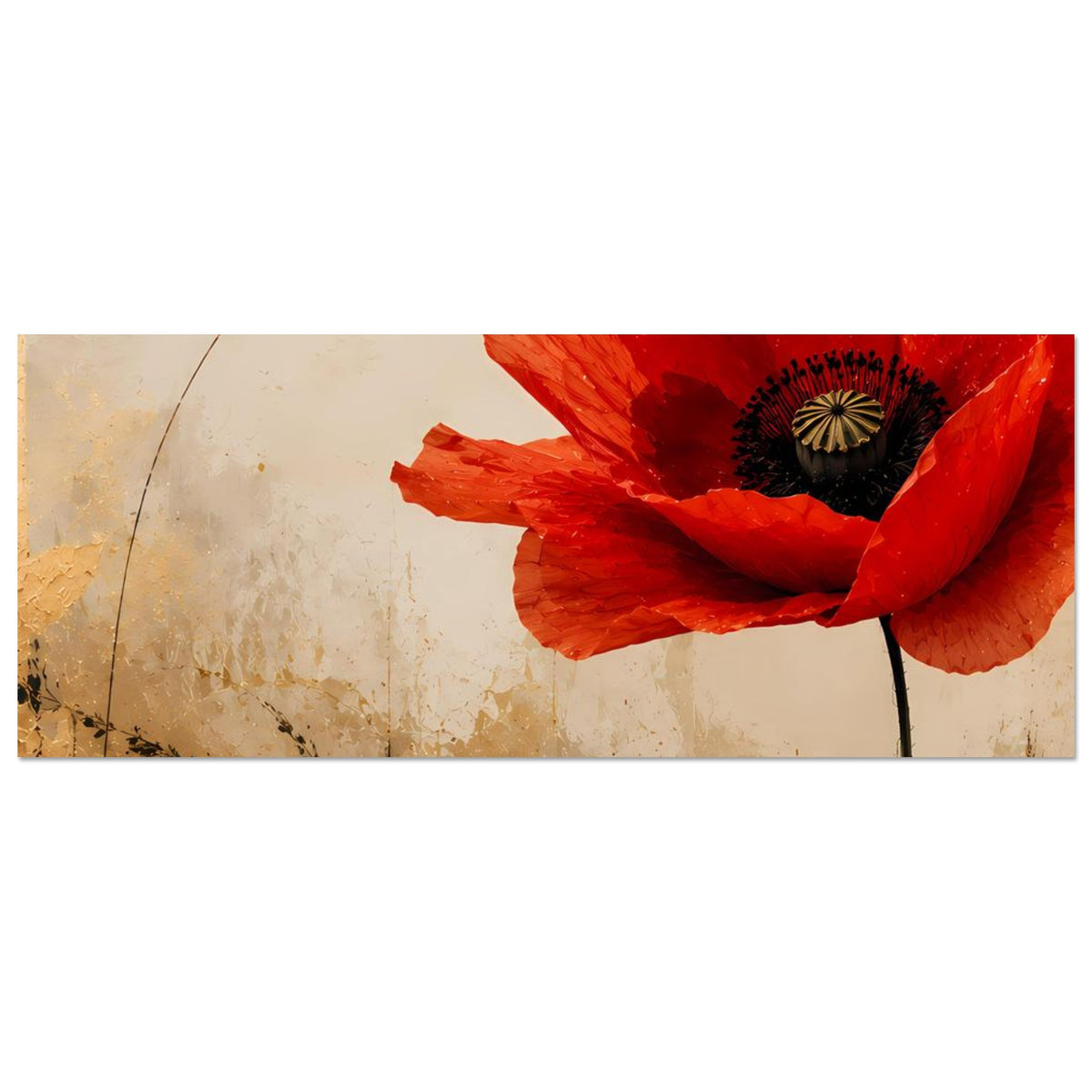 Horizontales Poster mit roter Mohnblüte und schwarzem Zentrum, großer Blütenausschnitt