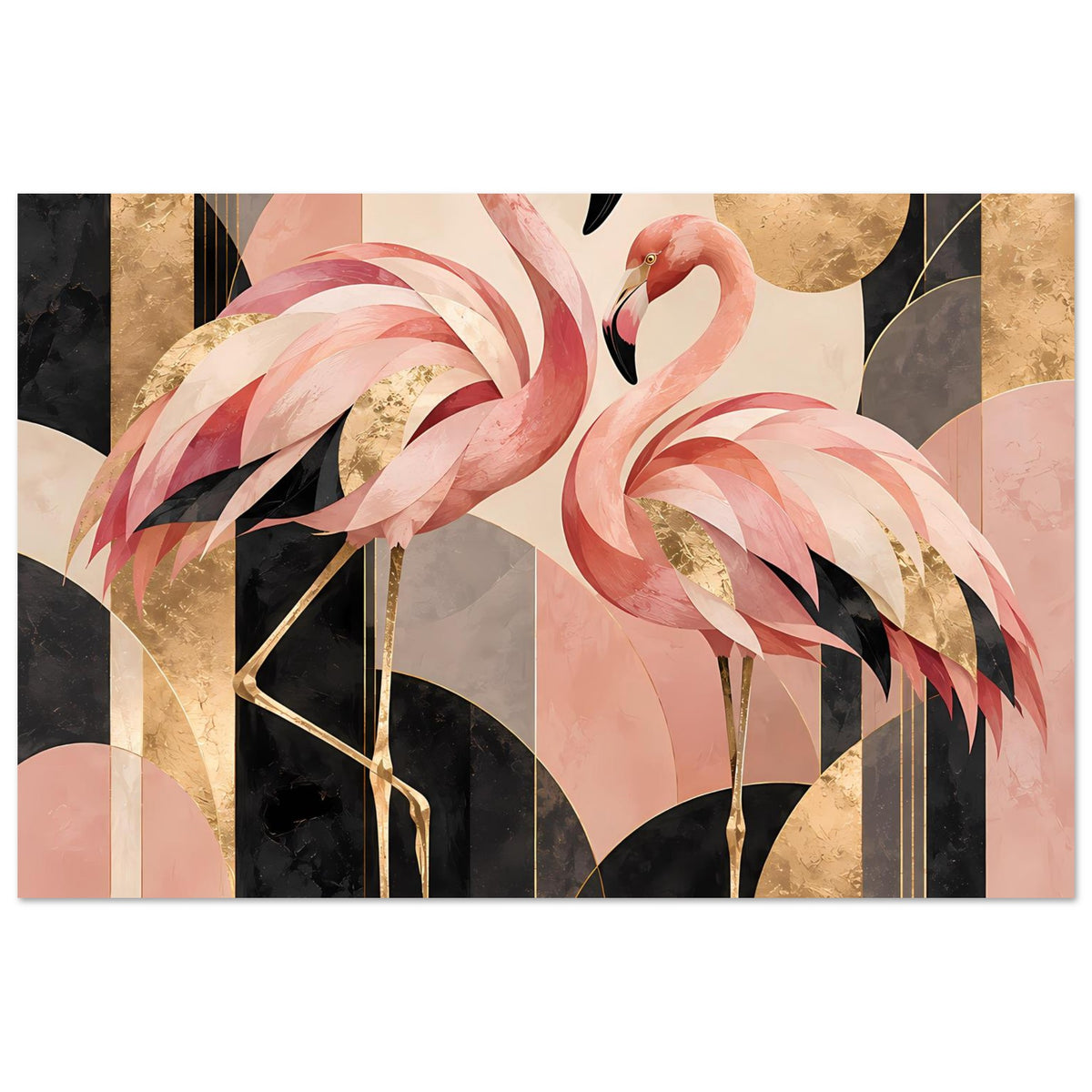 Zwei rosa Flamingos vor geometrischem Hintergrund mit Goldakzenten in Schwarz und Creme – Posteransicht 30
