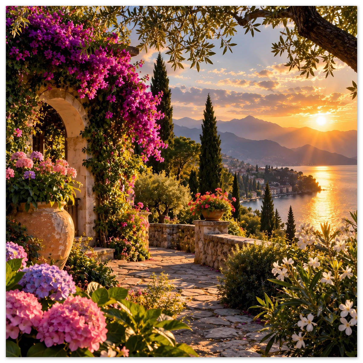 Sonnenuntergang-Poster im Hochformat: Terrasse mit Blumen, Steinmauer und Sonne am Ufer