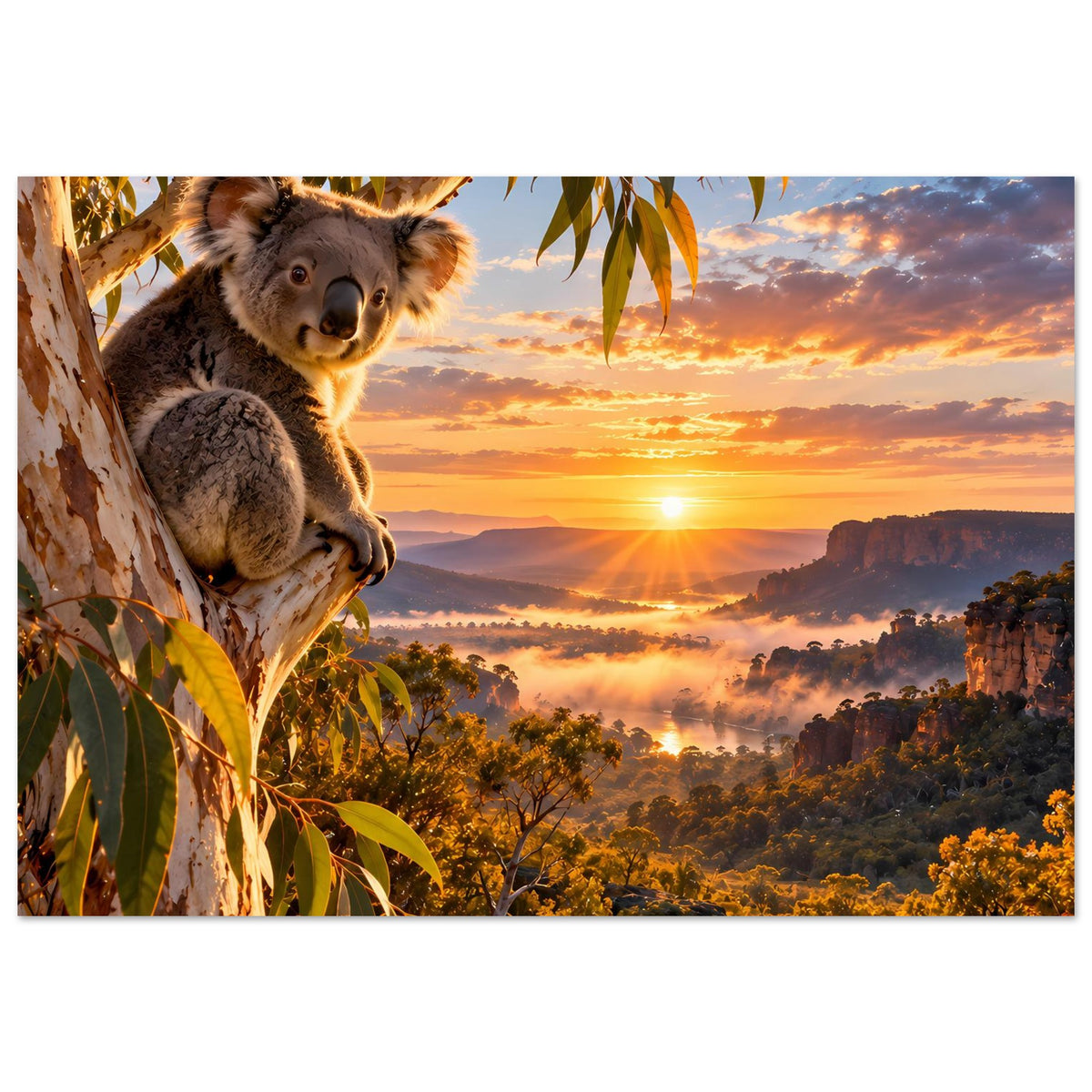 Wandposter im Querformat: Koala an Baumrinde, Panorama mit Sonnenuntergang und Tälern