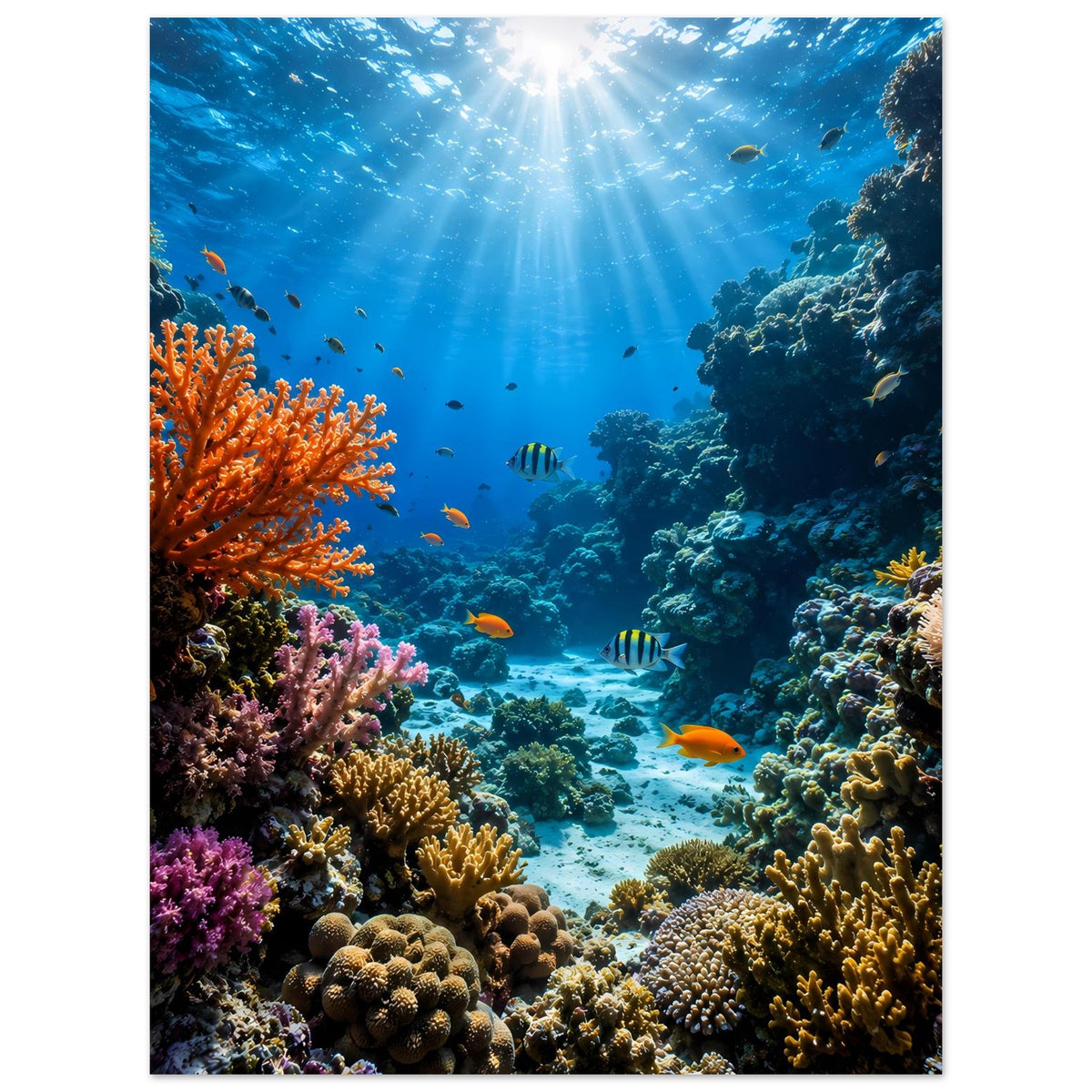 Unterwasser-Poster: Korallenriff mit orangefarbenem Korallenast, Fischen und Sonnenstrahlen