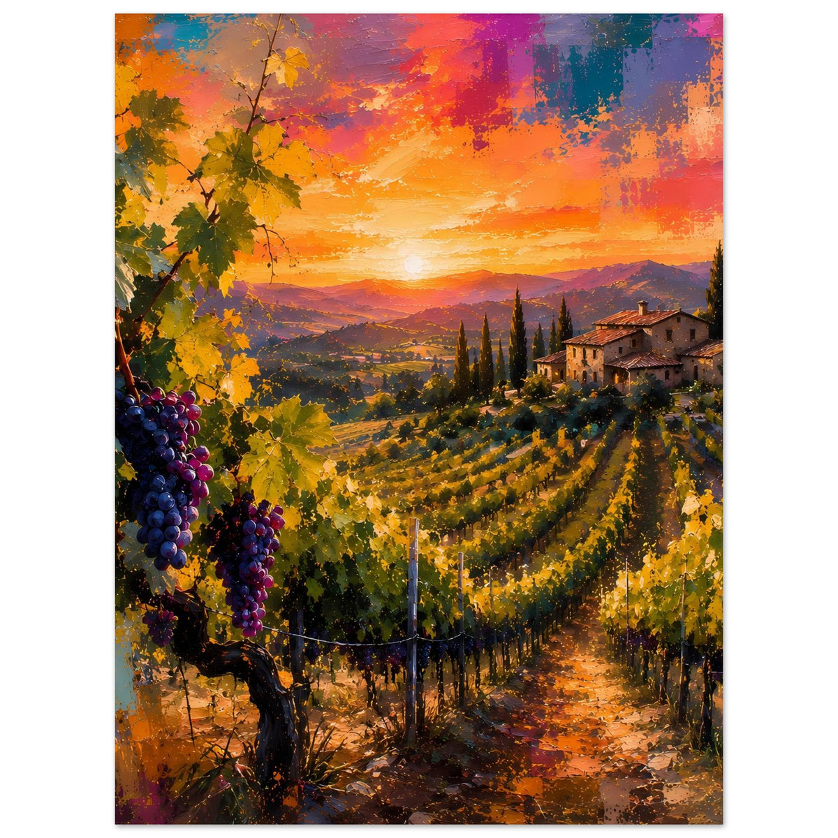 Poster: Weinberg mit Traubenreben, geschwungene Wege und Landhaus bei Sonnenuntergang