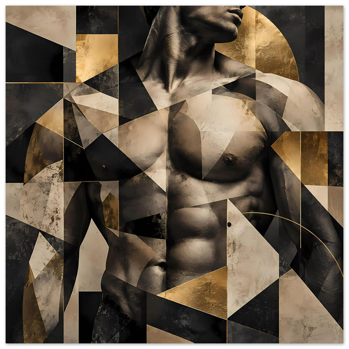 Abstraktes Aktkunst-Poster mit geometrischen Formen in Schwarz, Beige und Gold, Rückenlage