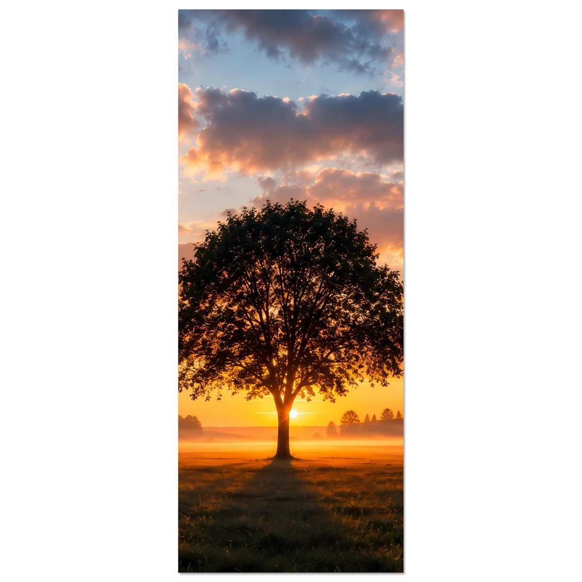 Vertikales Poster mit Baum bei Sonnenuntergang, goldener Himmel, im Hochformat