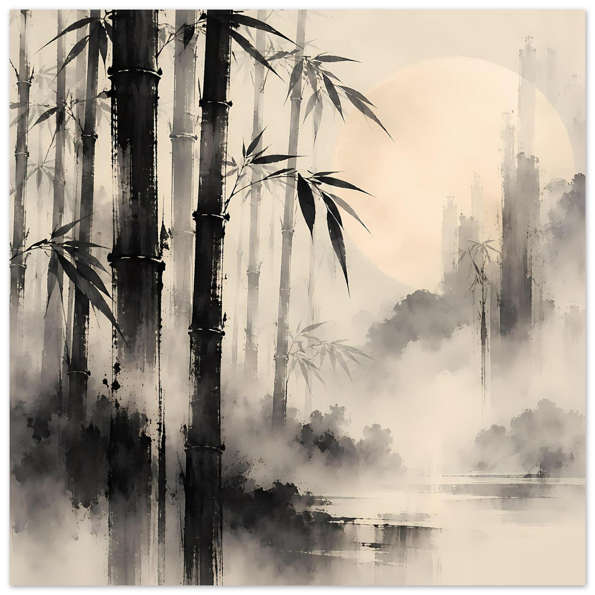 Bambuswald-Poster mit schwarzen und grauen Bambusstämmen, Nebel und Wasserlinie im Hintergrund