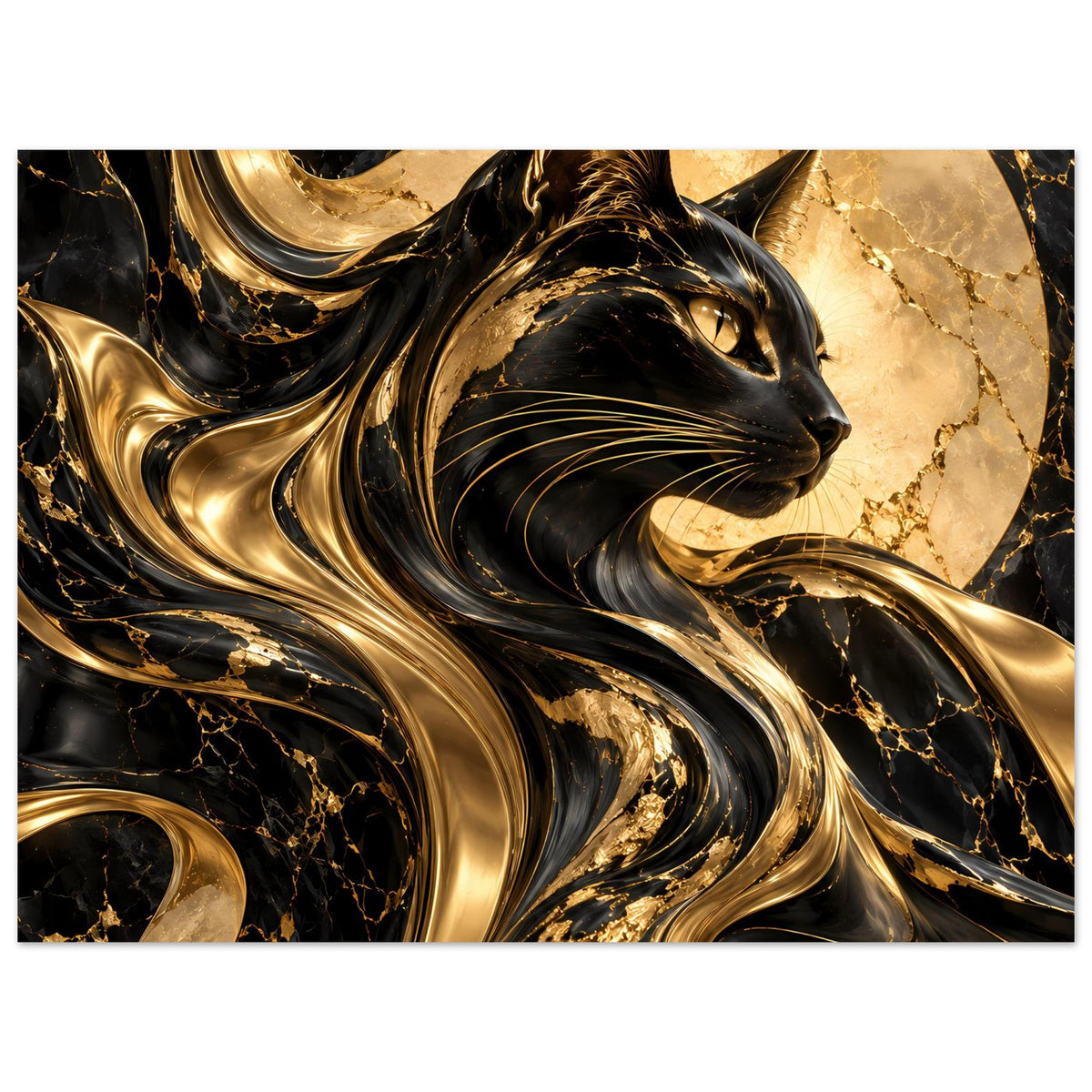 Poster mit Katze und Goldwirbeln, abstrakter Marmor-Look in Schwarz und Gold, Hochformat