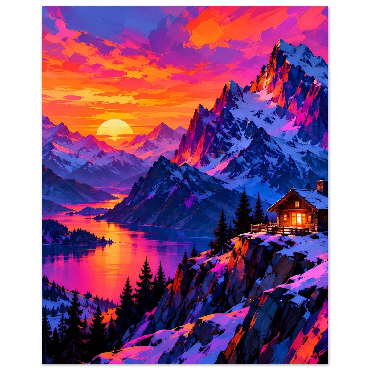 Hochformat Poster mit Gebirge-Sonnenuntergang, See und beleuchtetem Holzhaus im Schnee