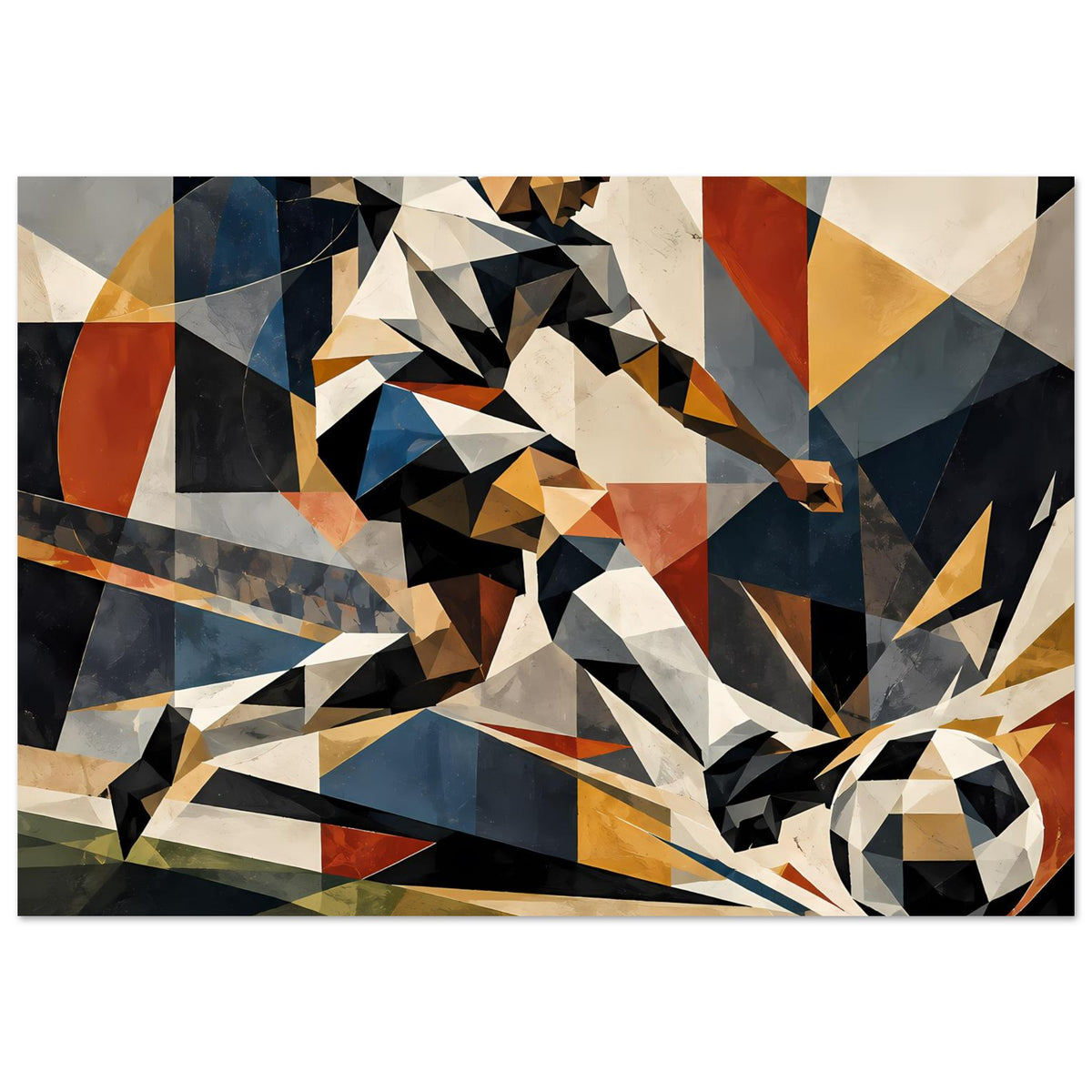 Abstraktes Poster mit geometrischem Fußballspieler-Design, großer Fußball rechts unten