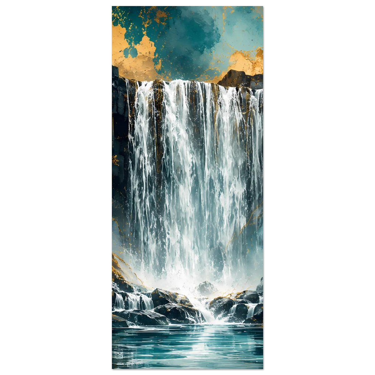 Vertikales Wasserfall-Poster zwischen Felsen, türkis-weißer Wasserstrom, goldene Akzente