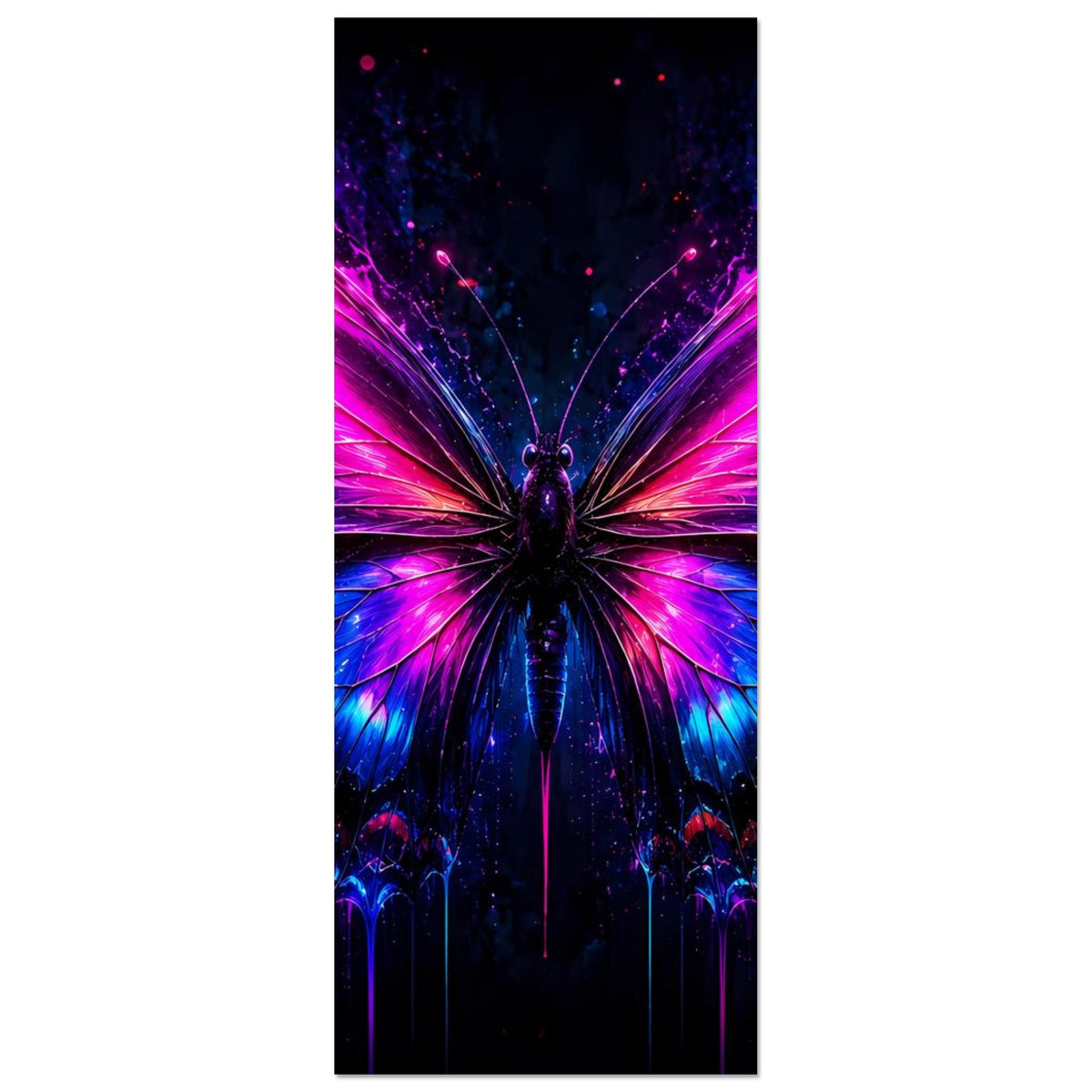 Schmetterling-Poster im Hochformat mit Neonflügeln in Blau und Pink, dunkles Zentrum