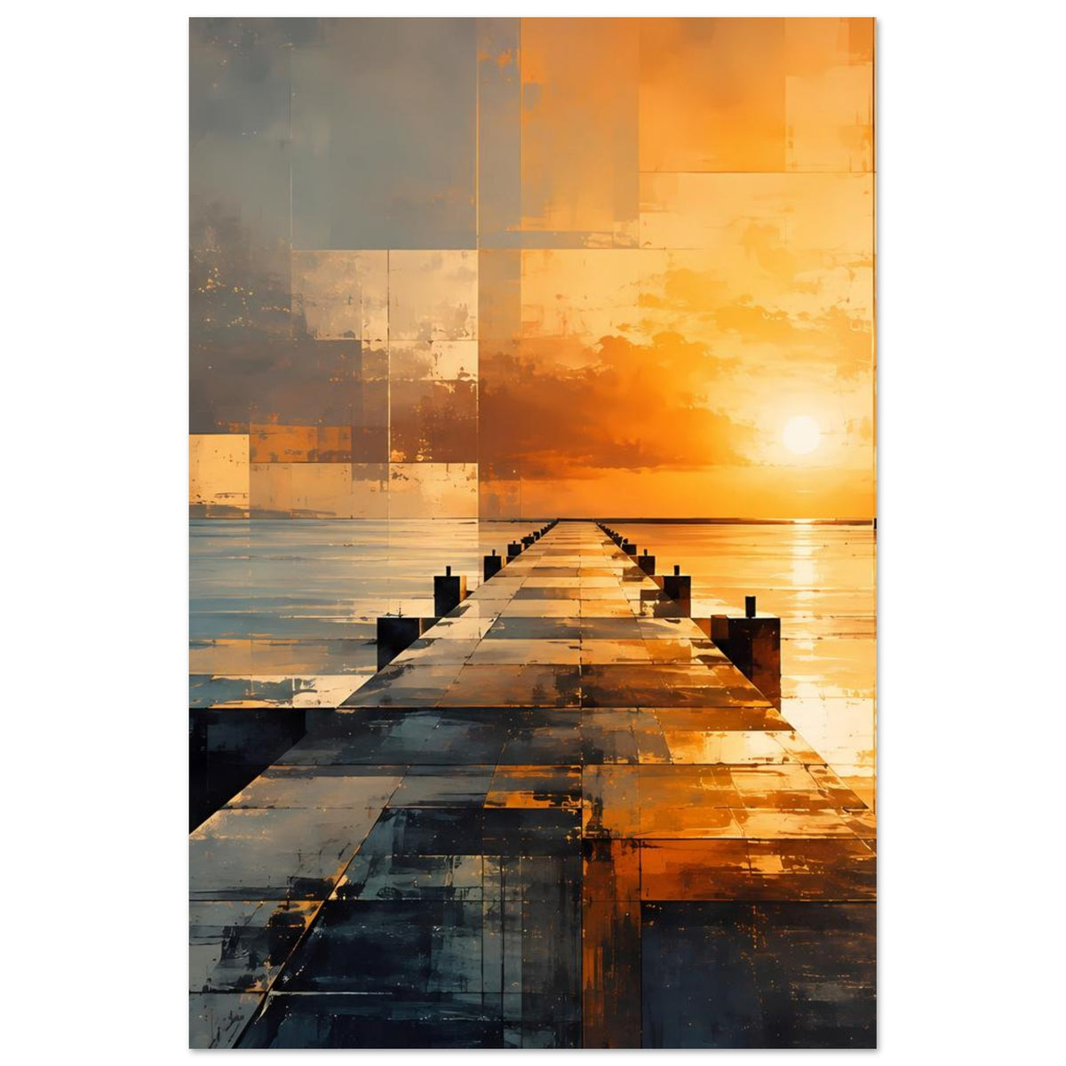 Abstraktes Poster, senkrecht: Pierperspektive zum Sonnenuntergang in Orange und Blautönen